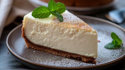 Delicious Slice of Cheesecake with Mint Garnish