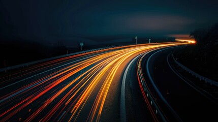 Obraz premium Long exposure shot of orange car lights creating streaks on a highway at night, portraying urban speed