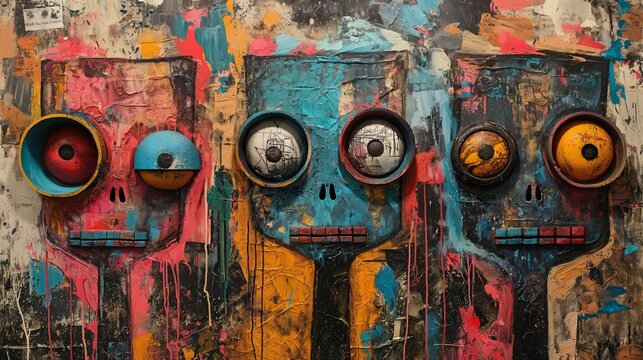 Fototapeta wall painting in face with big eye, contemporary wall art, grungy wall texture illustration