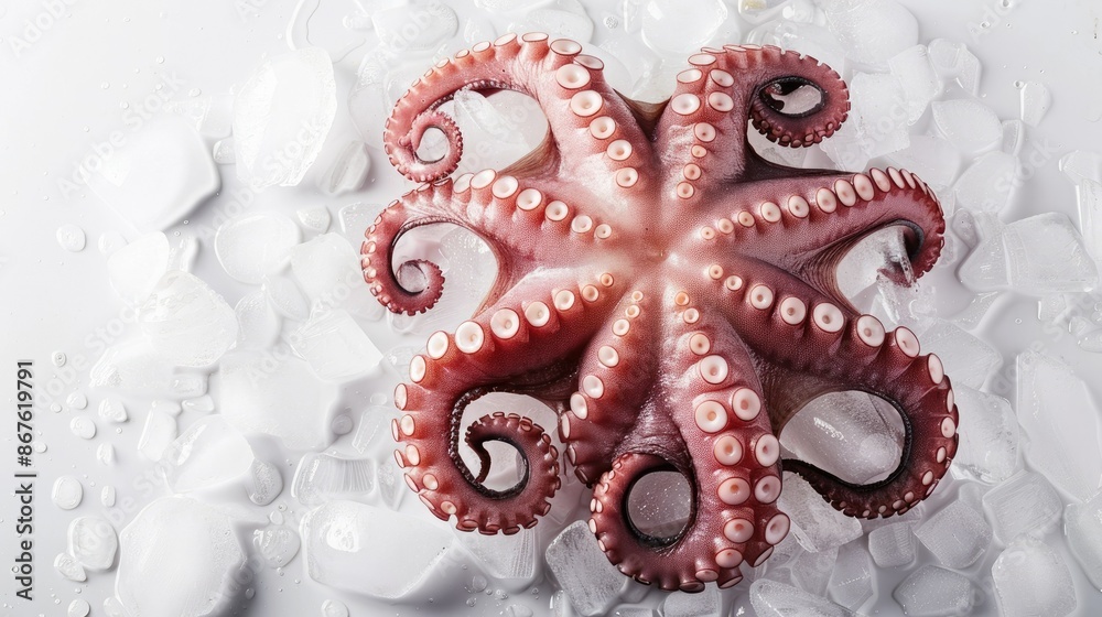 Wall mural raw octopus covered in ice, laid out on a clean white background