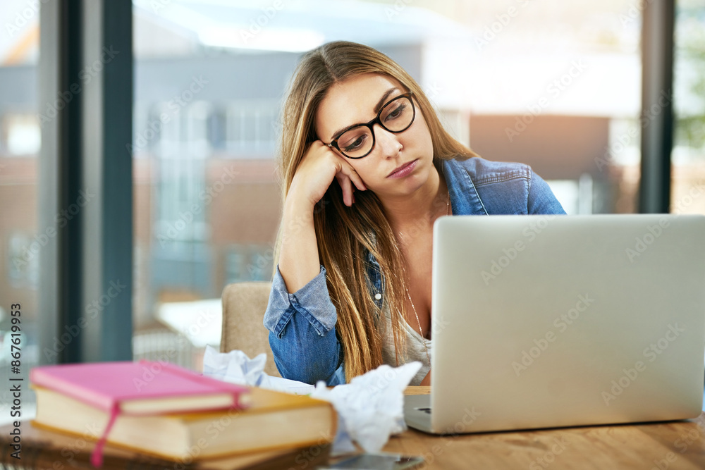Poster student, girl and bored with laptop in classroom for screen fatigue, tired and project or assignment