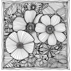 Fototapeta premium Floral Zentangle, geometric tangles, intricate patterns, black and white, detailed line art, artistic design. copy space for text,