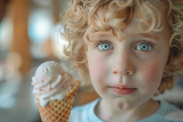 Adorable Child Eating Ice Cream - Cute Blond Boy Enjoying a Delicious Frozen Dessert on a Summer Day