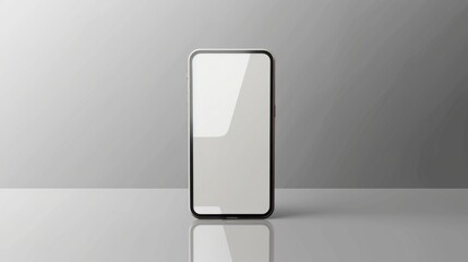 A modern smartphone mockup with a blank screen sits on a reflective surface against a simple gray backdrop