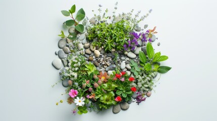 Fototapeta premium Round patch with green leafy plants, small stones, and colorful flowers, set against a clean white backdrop