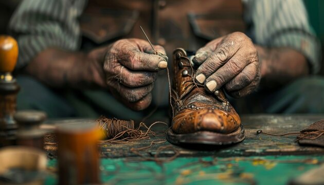 Cobbler repairing a vintage leather boot