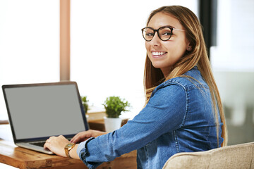 Student, girl and laptop screen at college for online education, research and typing essay or assignment. Portrait of young person on computer studying, learning and planning PhD proposal with mockup