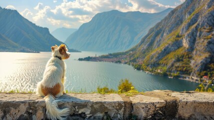 Obraz premium Small dog sitting on the embankment, with a stunning bay and mountain backdrop on a sunny day
