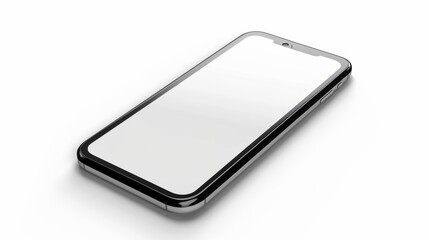 A modern black smartphone with white screen, against white background, angled to highlight sleek design and modern features