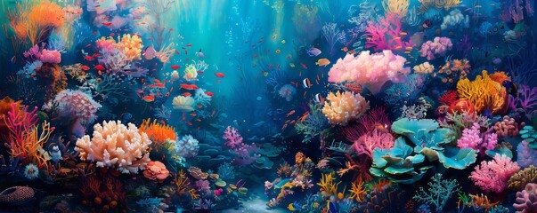 Obraz premium A vibrant coral reef teeming with marine life, its colors as diverse as the creatures that inhabit it.