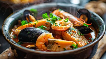 Steaming bowl of bouillabaisse with fish, mussels, and shrimp, garnished with parsley