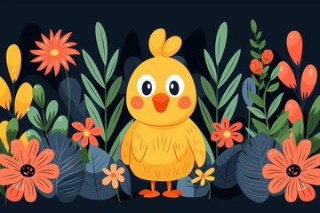 small yellow baby chicken on zoom with blrurry forest and sun bright, chicken character with cute expression