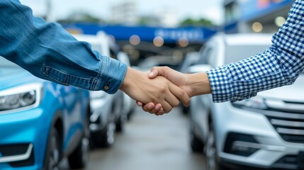 two people shaking hands in front of cars, buying, renting cars