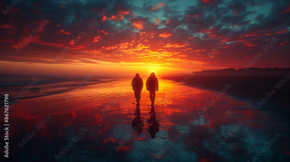 Poster silhouette of a person on beach in the sunset