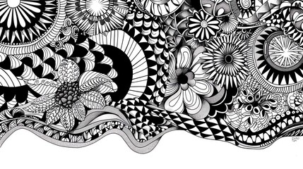 Fototapeta premium Zentangle line art, relaxation and creativity, intricate black and white design, detailed patterns, calming artwork. copy space for text,
