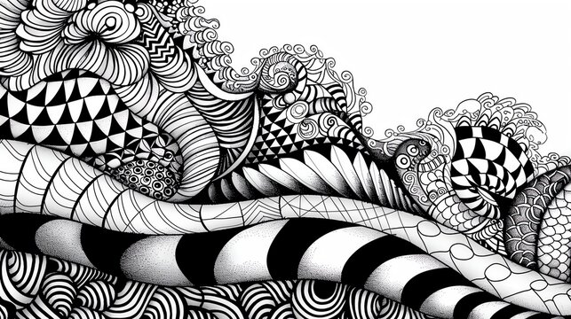 Zentangle line art, relaxation and creativity, intricate black and white design, detailed patterns, calming artwork. copy space for text,