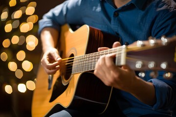 Obraz premium Golden Melodies Person strumming guitar with golden bokeh lights, capturing musical warmth