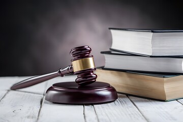 Obraz premium Legal Wisdom Gavel on white surface next to stack of books, dark gradient background