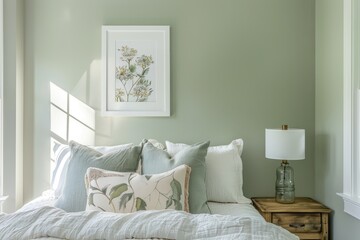 White Frame on Sage Green Wall, Soft Lighting, Cozy Corner