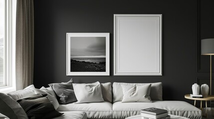 Overlapping White Frames on Charcoal Wall, Sophisticated Display, Overlapping White Frames, Charcoal Wall