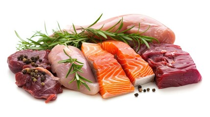Variety of fresh raw meats: salmon, chicken fillet, and beef steak, isolated on white for culinary concepts