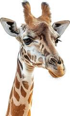 Close-up image of a majestic giraffe with detailed patterns and calm expression, isolated on a white background.