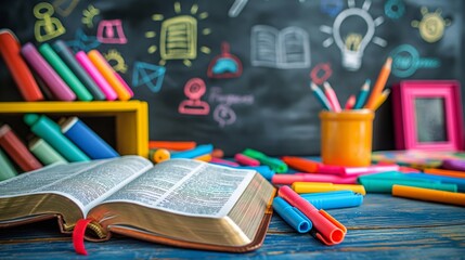 Colorful Classroom with Open Book and Chalkboard Drawings