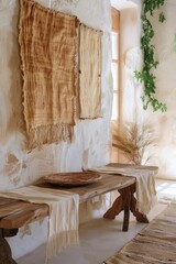 Blank Frame in Boho-Chic Room with Natural Textures, White Room, Terracotta Walls, Woven Tapestries