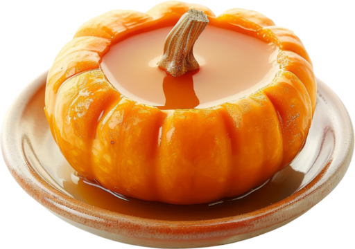 Close-up of a miniature pumpkin filled with caramel sauce, beautifully presented on a ceramic plate, perfect for autumn and Halloween themes. - Powered by Adobe