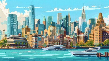 Obraz premium Vibrant cityscape with modern skyscrapers, waterfront view, and boats, showcasing an urban skyline on a sunny day.