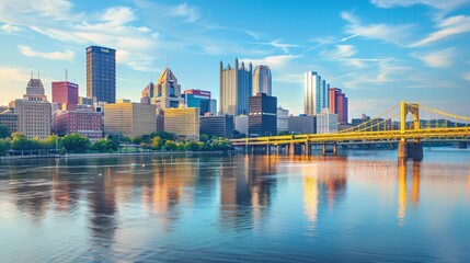Naklejka premium Beautiful skyline of Pittsburgh with skyscrapers and bridges reflecting on the calm water under a blue sky with scattered clouds.
