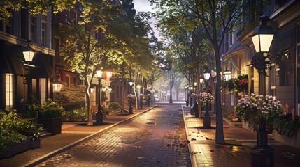 Fototapeta premium Peaceful cobblestone street with charming houses, illuminated by street lamps at dusk. Trees line the path, creating a serene, picturesque scene.