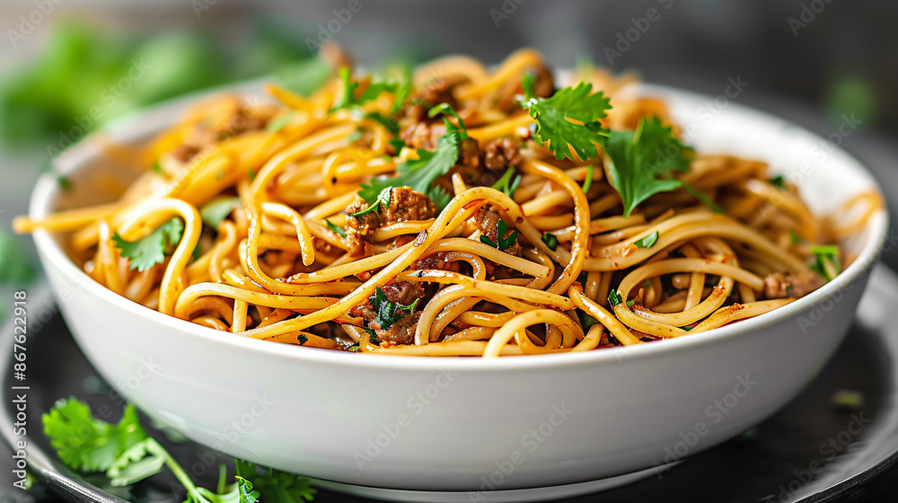 Wall mural Steaming hot bowl of uzbek lagman noodle soup with meat and cilantro is ready to be served