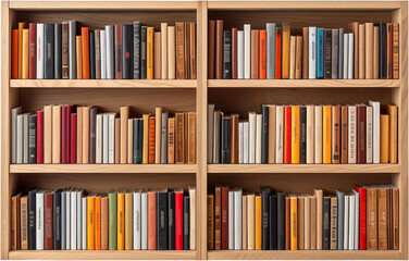 Wooden bookshelves filled with colorful books arranged neatly, creating a vibrant and organized home library or office space.