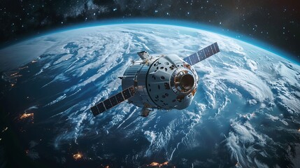 Obraz premium Cargo spaceship orbiting earth in dark space with a stunning view of the blue planet below