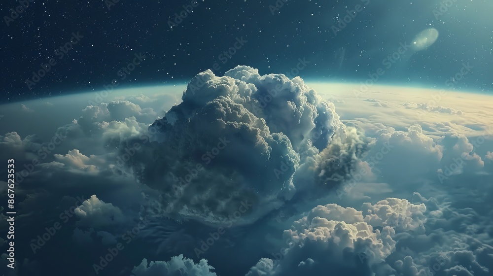 Wall mural beautiful earth and cloudscape viewed from space, serene planetary scene with sunlight glinting off 