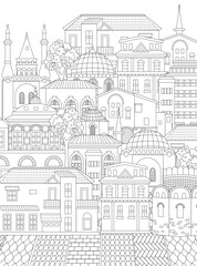Fototapeta premium coloring book page for adults and children. scenery european tow