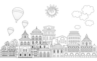 colouring book page for adults and children. sunny scenery europ