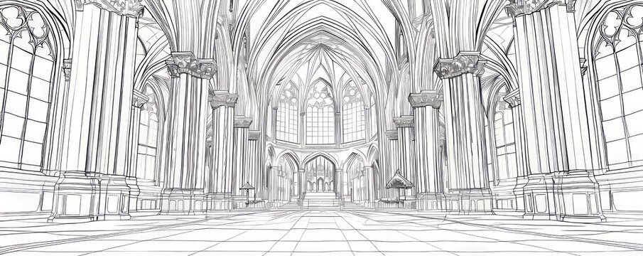 A line art drawing of an ancient cathedral with soaring spires and stained glass windows, its interior filled with a sense of awe and wonder.