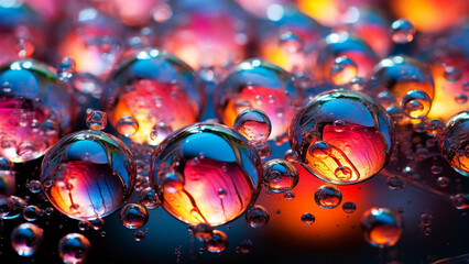 Colorful macro shot of abstract neon purple blue pink and yellow color oil bubbles floating rapidly forming rising and bursting in boiled water, dynamic pattern of movement and light