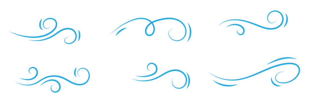 Doodle air wind motions, windy storm blows and hurricane flow waves and curls, vector icons. Wind cartoon effects in doodle line art, autumn wind blowing in speed motion.