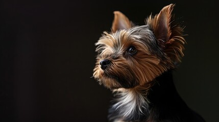 Fototapeta premium Yorkshire Terrier (Yorkie) puppy sitting alertly, with a curious gaze