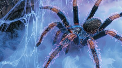 A realistic illustration of a tarantula-like spider in a dense, intricate web, contrasted against a sky-blue and lavender background, providing a striking and spooky visual.