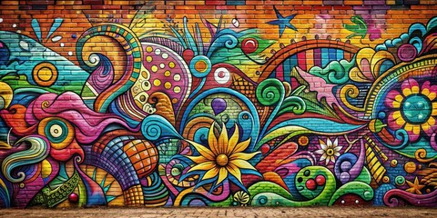 Fototapeta premium Graffiti art on brick wall with colorful vibrant designs , urban, street art, spray paint