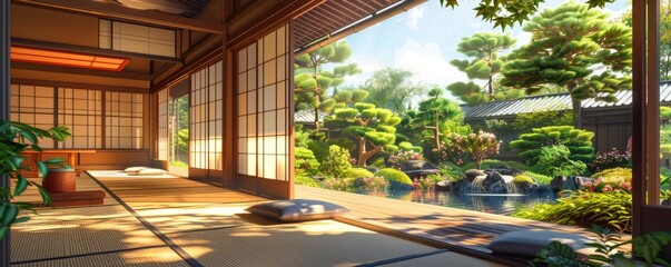Fototapeta premium A stylized illustration of a traditional Japanese teahouse with tatami mats, shoji screens, and a serene garden.