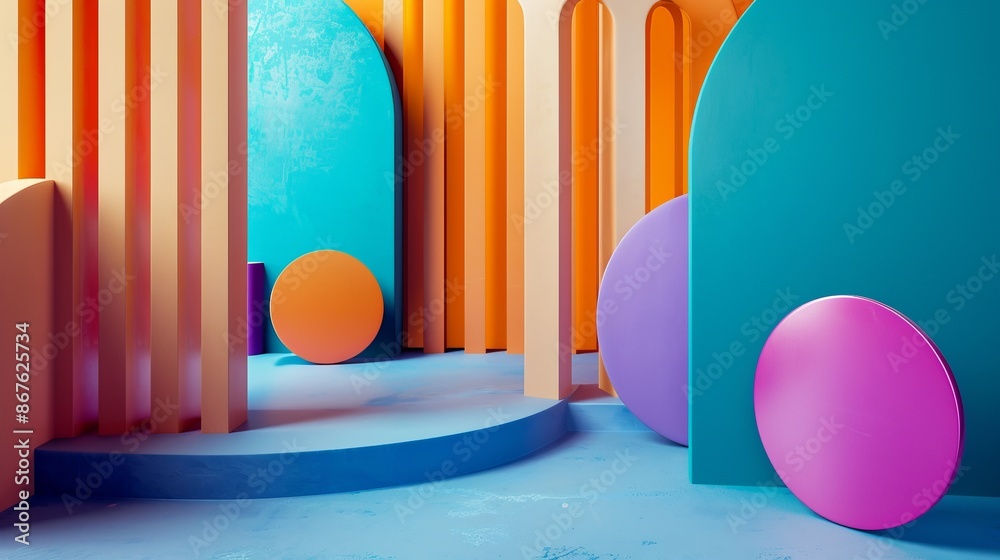 Wall mural vibrant layered composition with abstract shapes and colorful textures, creative design concept for 