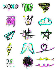 Street Graffiti Spray Paint Elements, Graffiti Doodle Elements Set, Scribble, Colorful Spray, Urban Style, Black Spots, Grunge Texture, Dirty Doodle Collection, Hand Drawing, Vector Illustration