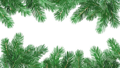 Christmas border of spruce twigs background, pine leaves isolated on a transparent background, festive holiday season decoration, winter greenery banner, natural Christmas tree branch frame
