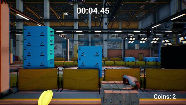 CGI footage of third person side scrolling parkour videogame, of male avatar running in industrial warehouse with ticking timer, gathering coins, jumping, climbing on containers, obstacles, winning