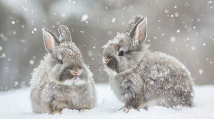 Fluffy gray bunnies against snowy white backdrop